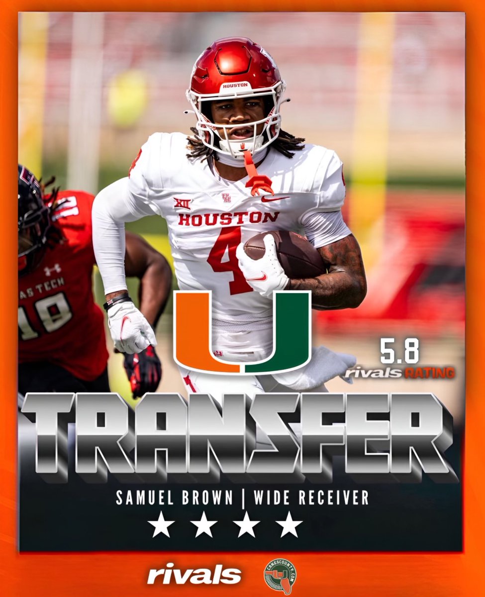 Houston transfer WR Sam Brown commits to Miami. The 6'2' near 200-pounder caught 62 receptions for 815 yards in 2023. The Hurricanes land its fourth prospect in two days. @canes_county | @RivalsPortal miami.rivals.com/news/houston-w…