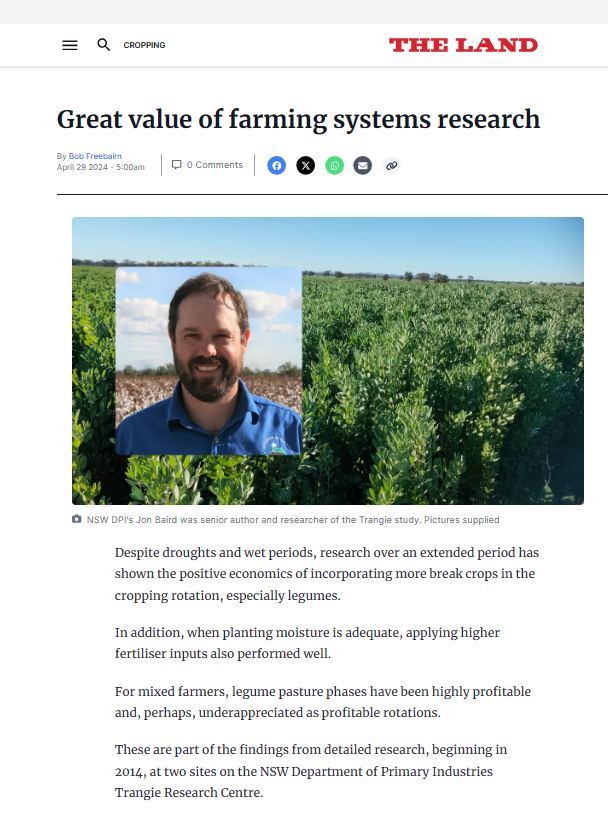 NSW Agronomy (@nsw_agronomy) on Twitter photo 👏Nice article in The Land re @nswdpi's Jon Baird & the work he & the team have been doing into farming systems since 2014.
🧐Want some more info? Have a read of Jon's <a href="/theGRDC/">GRDC</a> update paper⬇️:
grdc.com.au/resources-and-…
<a href="/jonobaird/">Jon Baird</a> <a href="/GRDCNorth/">GRDC North</a> <a href="/TrangieC/">Trangie Agricultural Research Centre</a> <a href="/lindsaywbell/">Lindsay Bell</a> <a href="/HertelKathi/">Kathi Hertel</a> 👏Nice article in The Land re @nswdpi's Jon Baird & the work he & the team have been doing into farming systems since 2014.
🧐Want some more info? Have a read of Jon's <a href="/theGRDC/">GRDC</a> update paper⬇️:
grdc.com.au/resources-and-…
<a href="/jonobaird/">Jon Baird</a> <a href="/GRDCNorth/">GRDC North</a> <a href="/TrangieC/">Trangie Agricultural Research Centre</a> <a href="/lindsaywbell/">Lindsay Bell</a> <a href="/HertelKathi/">Kathi Hertel</a>