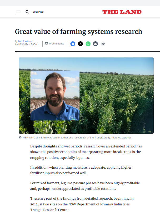 👏Nice article in The Land re @nswdpi's Jon Baird & the work he & the team have been doing into farming systems since 2014. 🧐Want some more info? Have a read of Jon's @theGRDC update paper⬇️: grdc.com.au/resources-and-… @jonobaird @GRDCNorth @TrangieC @lindsaywbell @HertelKathi