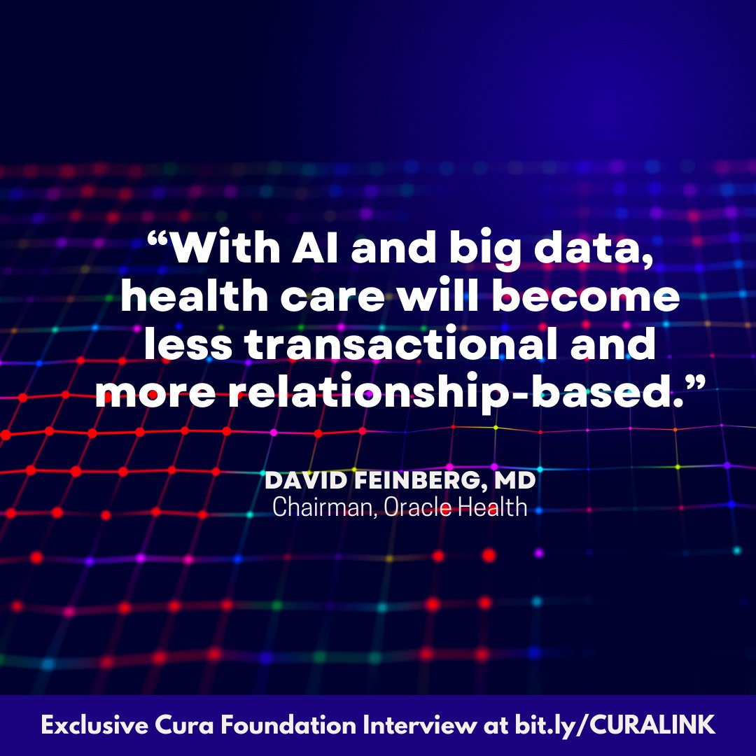The Cura Foundation (@curafdn) on Twitter photo “With AI and big data, health care will become less transactional and more relationship-based,” <a href="/dtfeinberg/">David Feinberg (he/him)</a> shares how tech can help to keep human connection at the center of every interaction, especially between the patient & physician. More in #CuraLink bit.ly/CURALINK “With AI and big data, health care will become less transactional and more relationship-based,” <a href="/dtfeinberg/">David Feinberg (he/him)</a> shares how tech can help to keep human connection at the center of every interaction, especially between the patient & physician. More in #CuraLink bit.ly/CURALINK