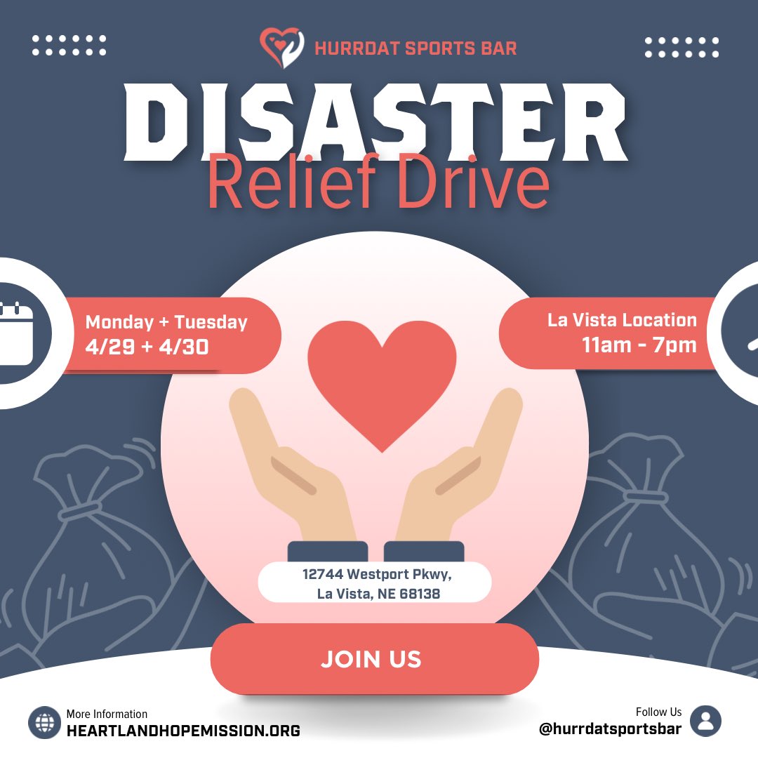 We'll all stick together.   To help our friends and neighbors in time of need, our La Vista location will be holding a disaster relief drive on Monday, 4/29 and Tuesday, 4/30 from 11am to 7pm.   We will be collecting hygiene items, clothing and non-perishable foods to be donated