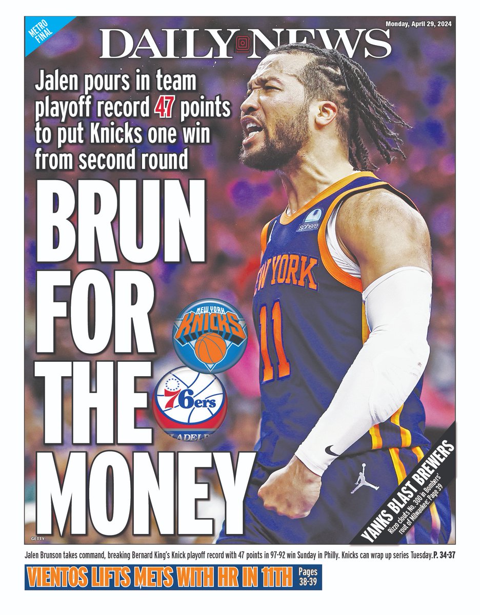Here's our early @nydnsports back page. @nyknicks @sixers @nba @apse_sportmedia #JalenBrunson nydailynews.com/2024/04/28/kni…