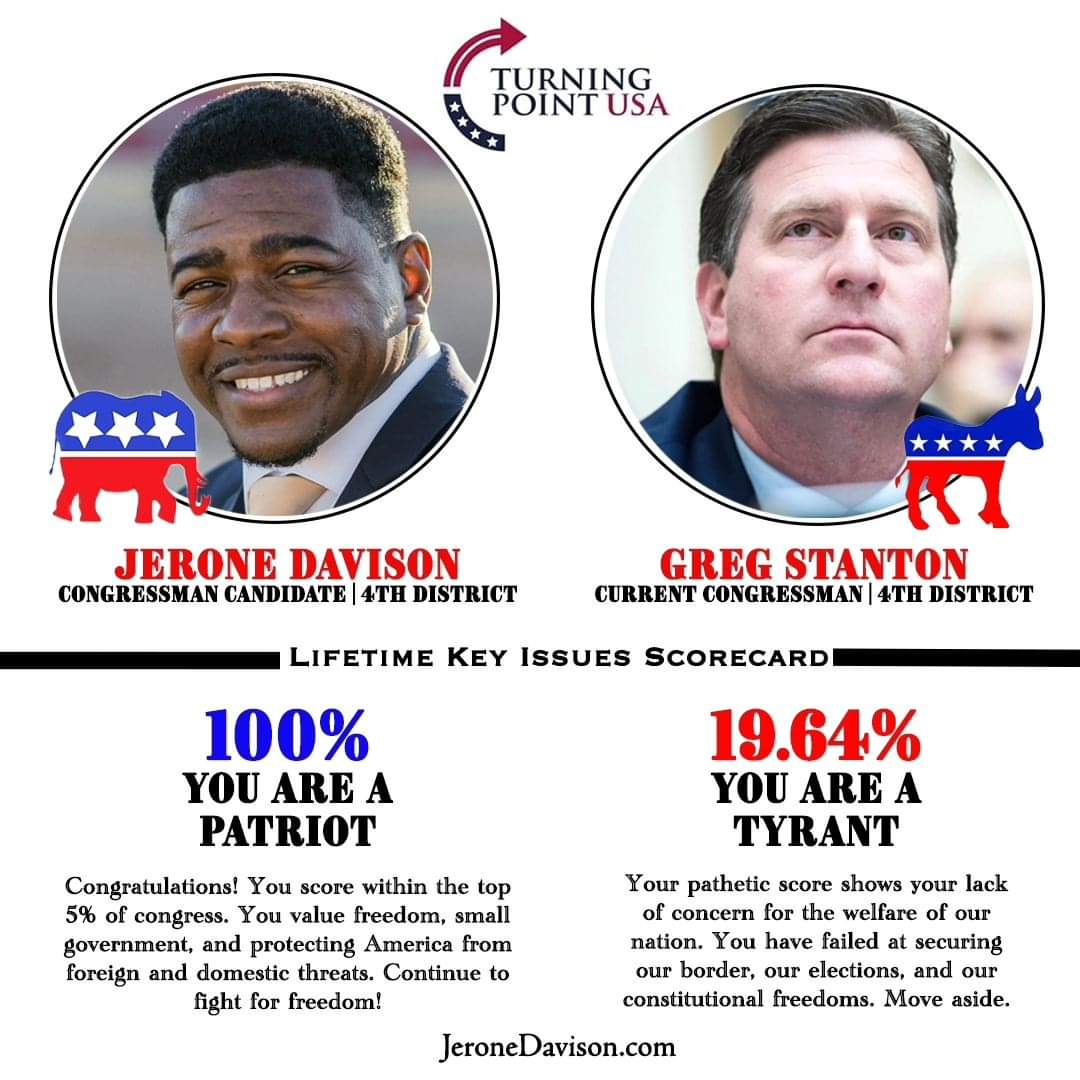 Jerone Davison for Congress is the only true 💯 Patriot candidate in #azcd4 with the message to sideline Greg Stanton. #jeronedavisonforcongress Jeroneforcongress.com