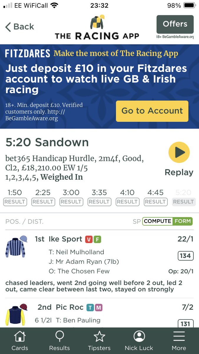 Ike Sport, winner of final race of NH season, @Sandownpark in style also bolted up in the Fixed Brush Final, @WorcesterRaces, Sept; talking of #Worcester big efforts underway to repair flood damage & get racing back in weeks; Fixed Brush Final, 27 Sept 

Result: @TheRacingApp