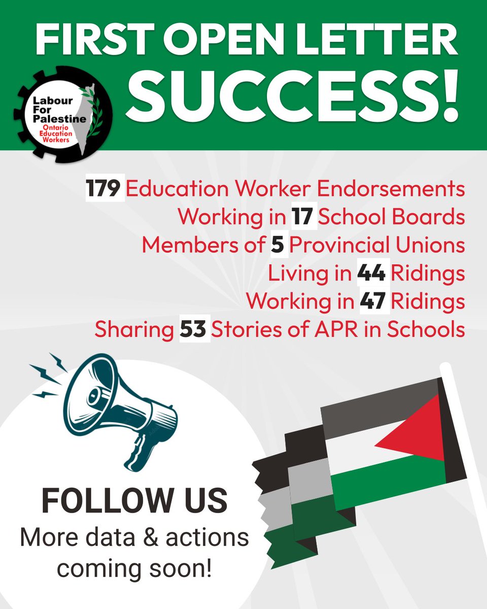 Everywhere in #Ontario, #onted workers agree: We Need to Combat anti-Palestinian racism.

Our first open letter was just the tip of the iceberg.

We. Are. Organizing.

Stay Tuned.

#FreePalestine #SayPalestine