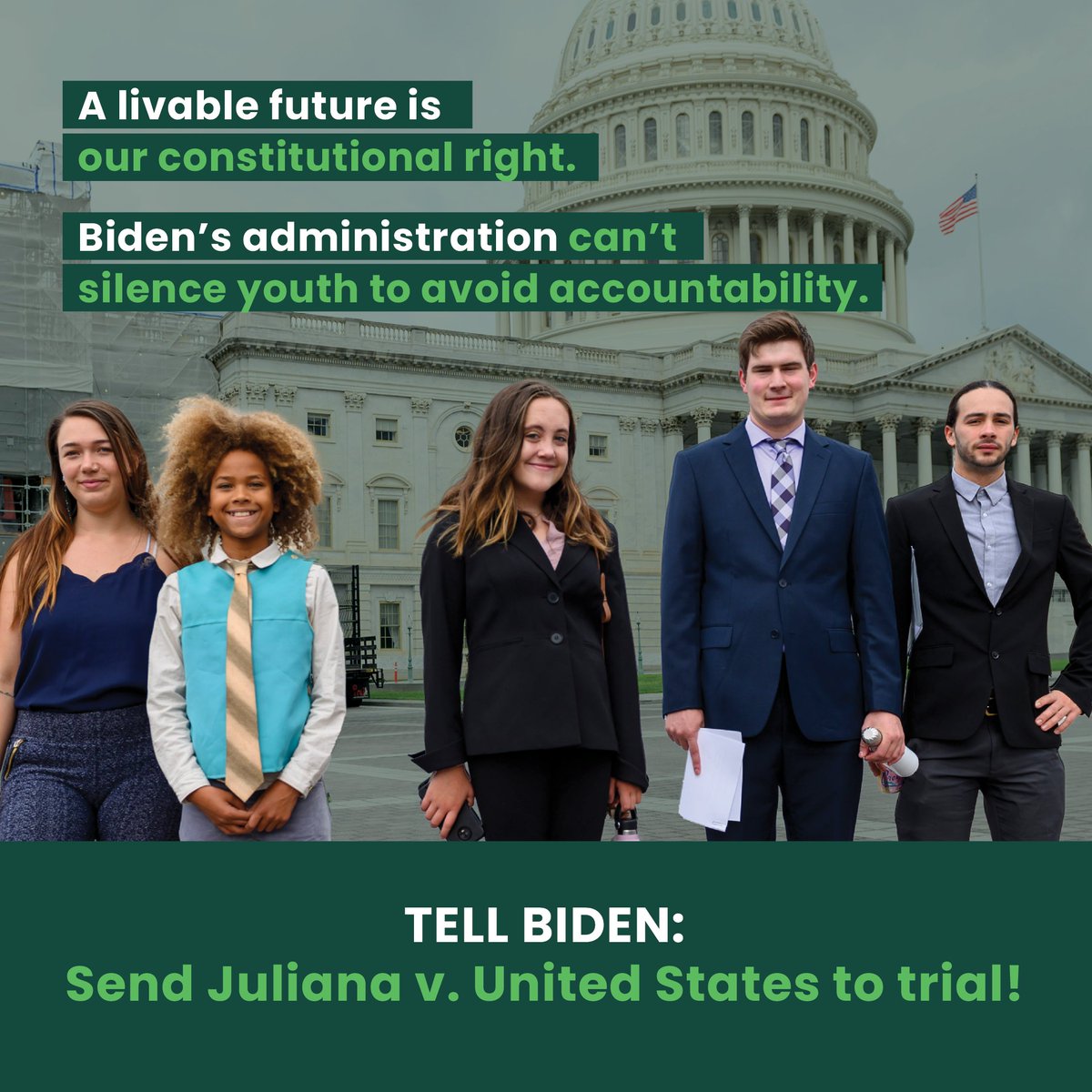 A SAFE HEALTHY #CLIMATE Is Our Constitutional Right!

Join youth plaintiffs w/Juliana vs US, Held vs MT, Genesis vs EPA & Layla H vs VA working nationwide for a Livable Climate For All.

9yrs on, Juliana's 21 must be heard at trial: bit.ly/SaveJuliana
#youthvgov #SaveJuliana