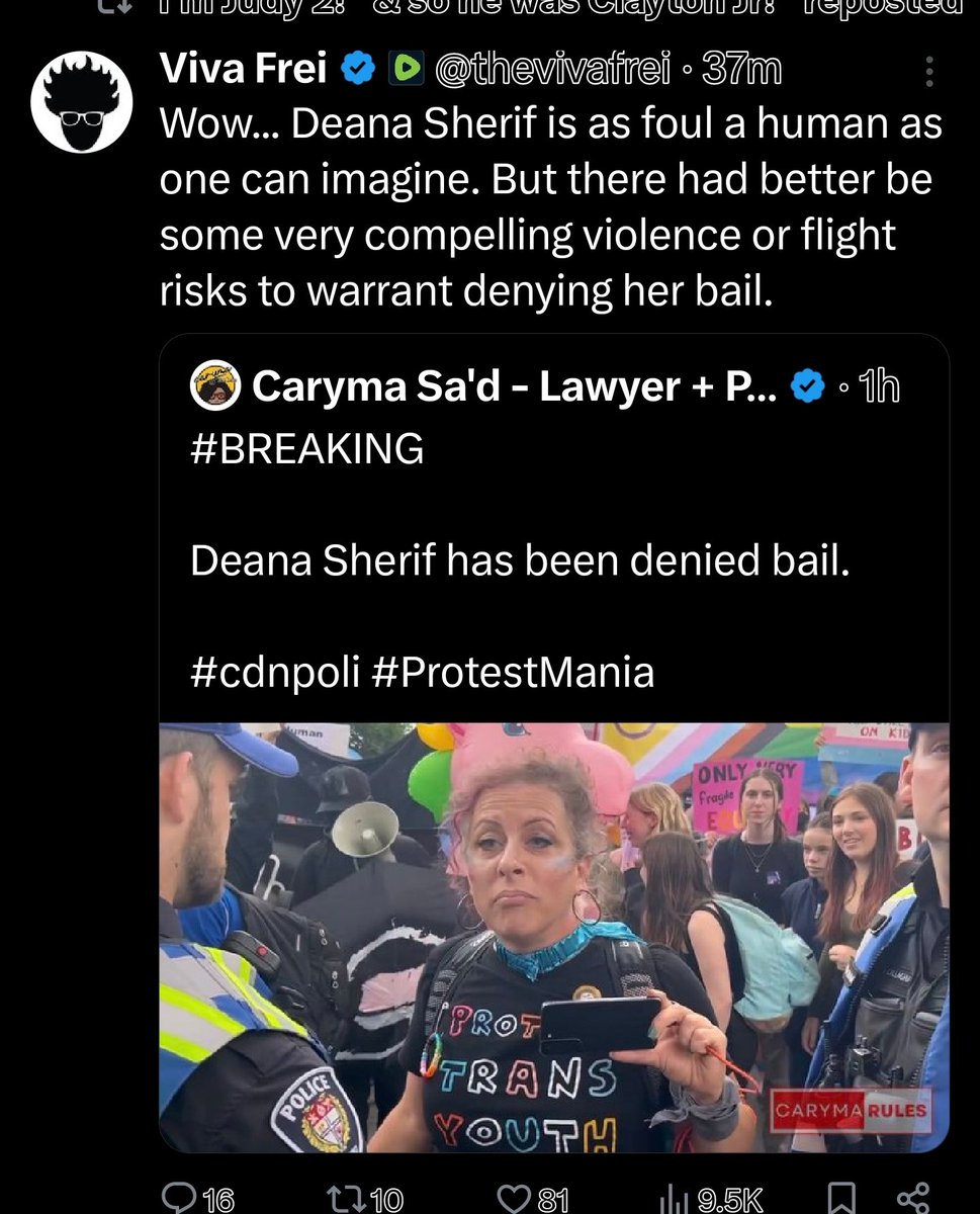 Wow. Even right wing podcaster Viva Frei recognizes the lunacy of Deana being denied bail. Meanwhile, #CarymaNgo & her Stans are attacking & mocking Deana. You've fallen a long way when you go further right than Viva. Fuck #CarymaLee.