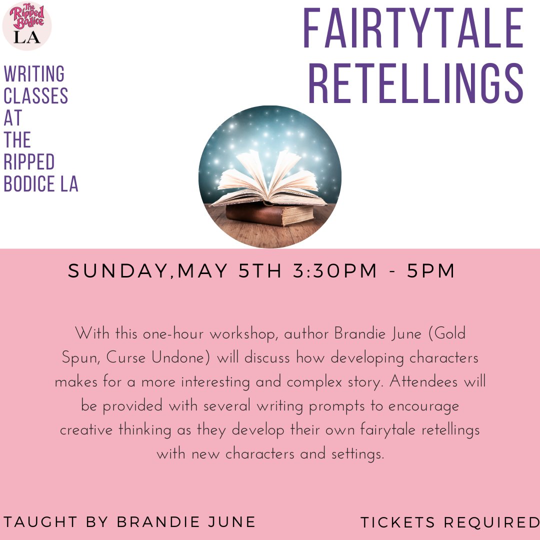 IN 1 WEEK! Join the Encouraging Creativity Through Fairytale Retelling Workshop at #TheRippedBodiceLA on Sunday, May 5th from 3:30-5pm.🧚

You'll get writing prompts to encourage creativity, led by author @BrandieJune (Gold Spun, Curse Undone).

Tickets: therippedbodicela.com/events-and-tic…