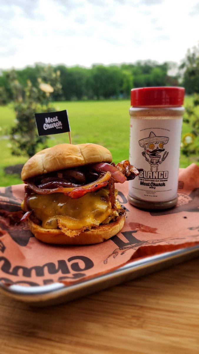 @MeatChurch BBQ Blanco Smash burger on the @TraegerGrills Flatrock. Added some cheese, onions, and bacon. Didn't suck.