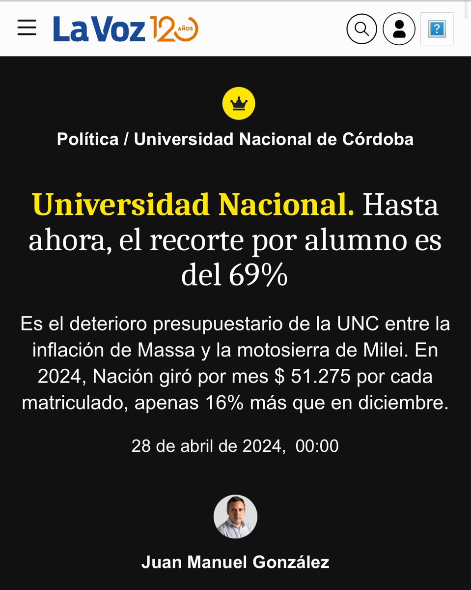 Excelente @JMGonzalez30 en @LAVOZcomar. Hasta ahora, el recorte por alumno es del 69% en la @unc_cordoba lavoz.com.ar/politica/hasta…