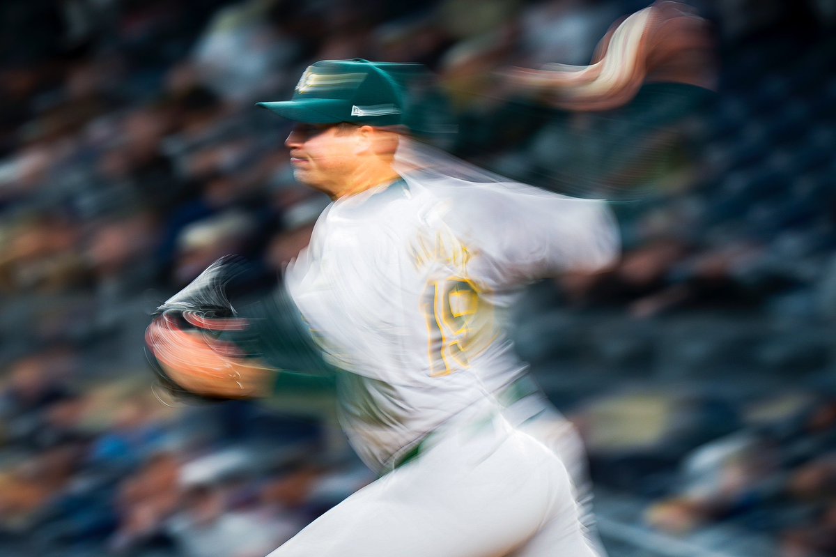 Oakland Athletics pitcher Mason Miller (19) throws pitches topping 100mph during a baseball game against the New York Yankees on Thursday, April 25, 2024, in New York. (AP Photo/Bryan Woolston) #baseball #oaklandathletics #fastball #MasonMiller #LaterTweet