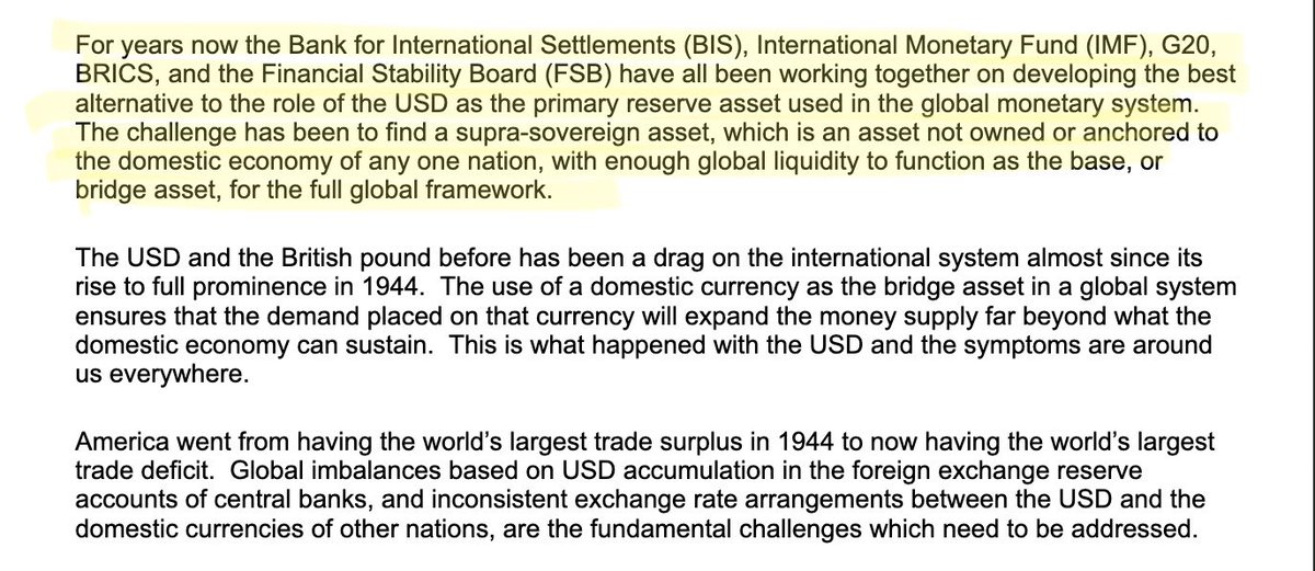 The BIS, IMF, and FSB have been working together to develop an ALTERNATIVE TO THE USD as the primary reserve asset in the global monetary system. The Alternative to USD would be a SUPER SOVEREIGN ASSET NOT ANCHORED TO ONE NATION. With enough liquidity FOR THE FULL GLOBE 🔑