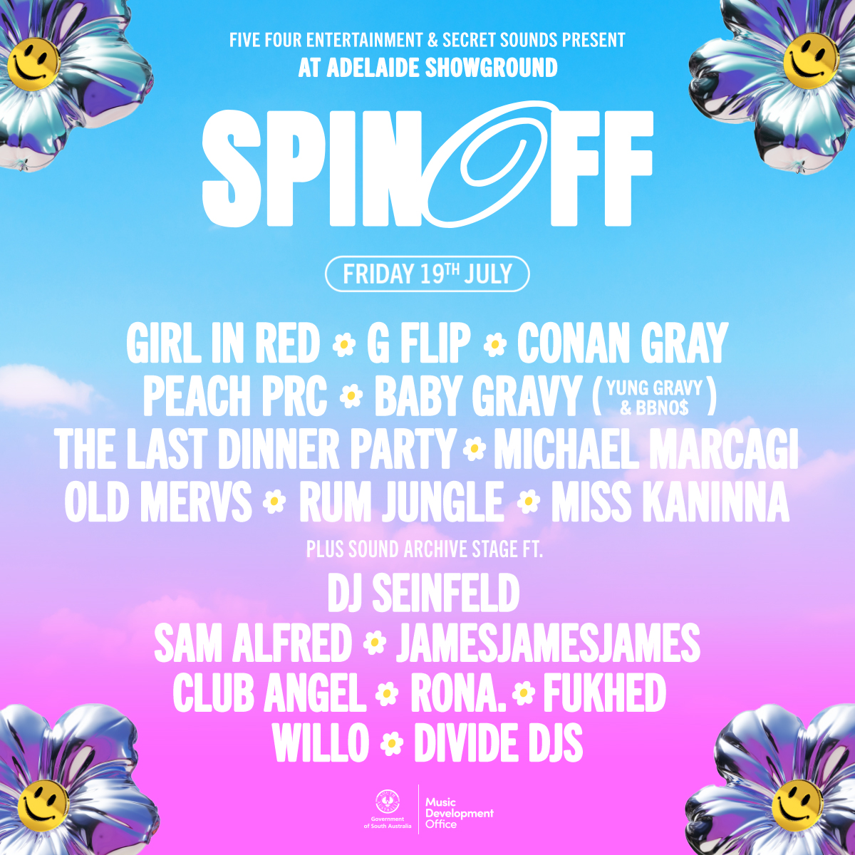 SPIN OFF Festival have just announced their 2024 Lineup 🎉🎉

📅 19th July, 2024
📍 Adelaide Showground, SA (Australia)
🎫 Presale Tickets will go on Sale this Wednesday at 10am (01/05/2024) / 1st Release GA Ticket - $100