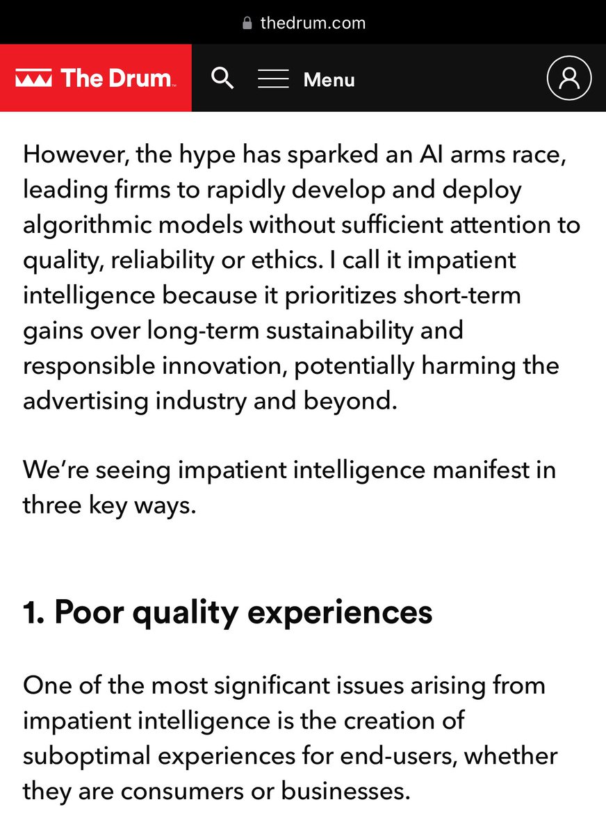 Good one by @ScottNover. Last year, for @TheDrum, I coined “impatient intelligence”—the rush to build and deploy AI without giving enough attention to quality. Companies are even willing to push bad user experiences just to be first/stock pump. This is a perfect example.