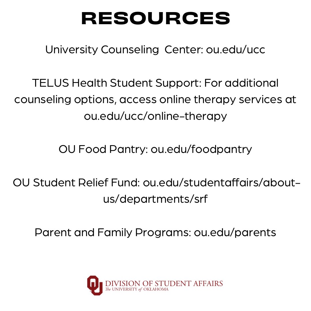 Student Affairs is here to help. Please take advantage of these resources. ❤️ Visit: ou.edu/studentaffairs