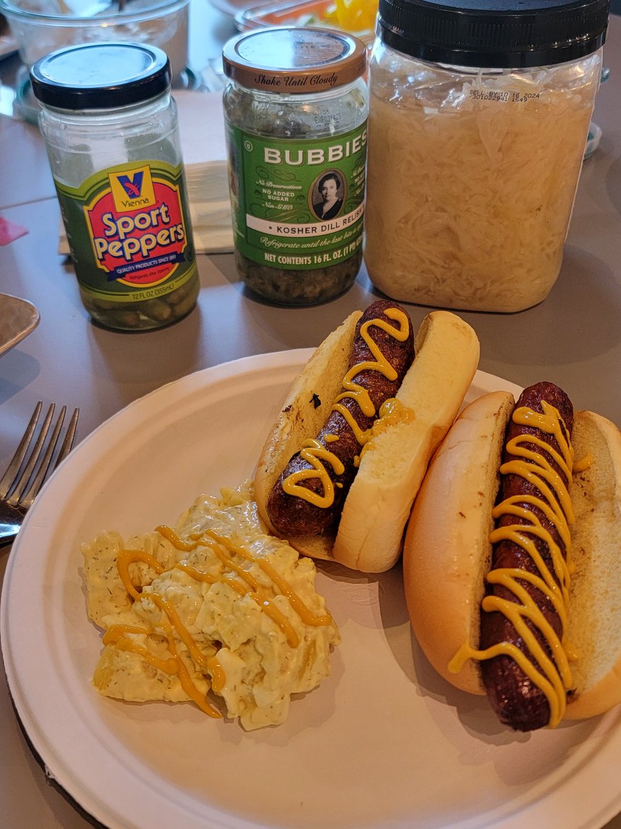 First pool & grill night of the year at #twittersupperclub. 

Brats, dogs & polish sausages with a dill/dijon potato salad.