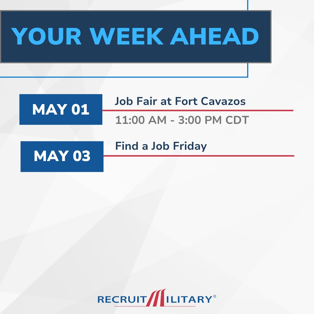 Your week ahead with @RecruitMilitary: rmvets.com/3s6gXzN. #UpgradeYourCareer