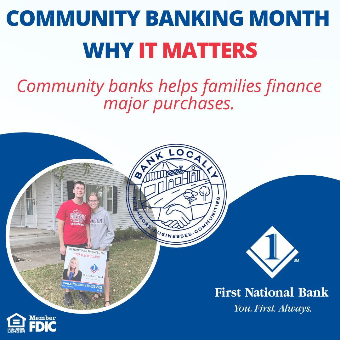 The FNB Mortgage team enjoys helping couples, families and single family home buyers purchase the home of their dreams! We have several different mortgage programs to fit the customer's needs!
#communitybankingmonth #banklocally #banklocal #borrowlocal