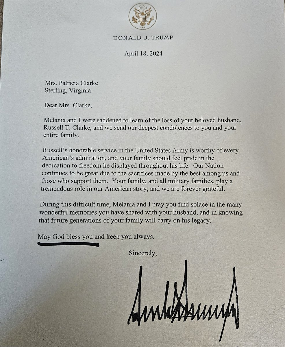 My father, a 40year Army vet died 3/14.At his funeral at Quantico was handed a certificate of service signed by Biden. My parents love Trump. I couldn't bare to hand my mom this certificate. I emailed Melania and asked if she could have her husband write something to her. Look!