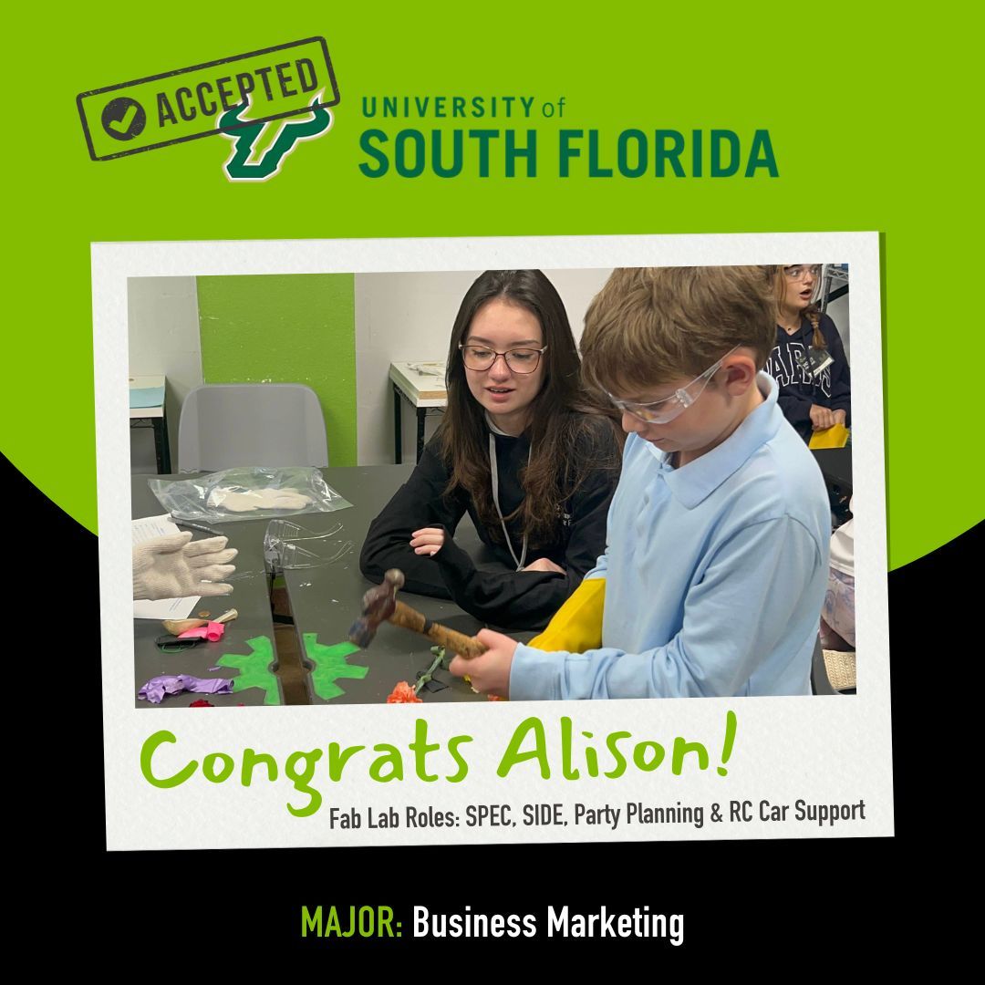 Ali has been at the #FabLab since 2019 when she was a camper! She since became a student instructor, joined our fundraising group, helped with RC Car & even interned last summer. We'll miss Ali as she begins studying Business Marketing at @usouthflorida! #volunteerspotlight