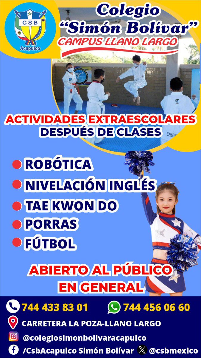 csbmexico's tweet photo. 🌟CSB Campus Llano Largo 
🏆¡Únete a los triunfadores!
Inscripciones abiertas 
✔️Contamos con actividades extraescolares 

🥇Somos la mejor opción en #educación 
🤖🥋🏅⚙️🧠🪛🌐📐⚽️🏀🏐🎨
☎️744 433 83 01 / 744 406 10 00 
📲744 456 06 60 
📍Carretera La Poza-Llano Largo 
#Acapulco https://t.co/QRAM0PGBaf