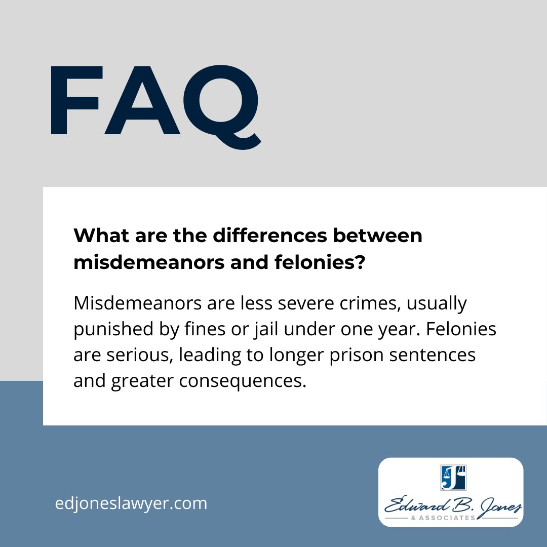 Misdemeanors are less severe offenses, resulting in fines or jail time under one year. Felonies, on the other hand, carry heavier penalties, including longer prison sentences and more serious consequences. Need help? Contact us: (985) 399-5944 #Misdemeanor #EdwardBJonesLaw