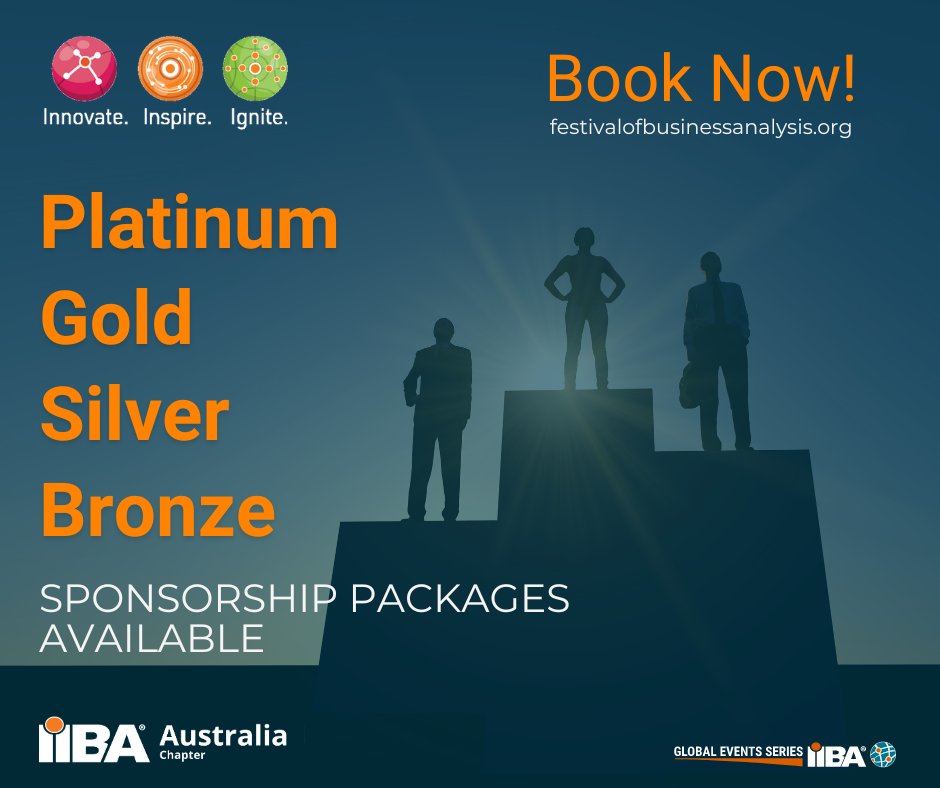 Gain exposure, & connect with industry leaders as a sponsor of the 2024 Festival of Business Analysis, 14 - 18 Oct 2024. Discover our packages: festivalofbusinessanalysis.org/sponsors-exhib…

#IIBA #businessanalysis #businessanalyst #iibafoba #adelaide #brisbane #melbourne #perth #sydney #online