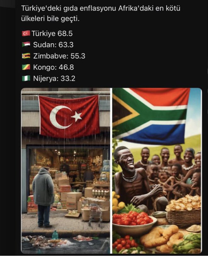 Hayaller Avrupa , gerçekler Afrika👇‼️Türkiye’deki gıda enflasyonu Afrika’daki EN KÖTÜ ülkeleri bile geçmiş, AKP ile hayaldi gerçek olmuş👏🤦‍♀️👏 #AkpBEKAsorunudur #AkpPişmanlıktır