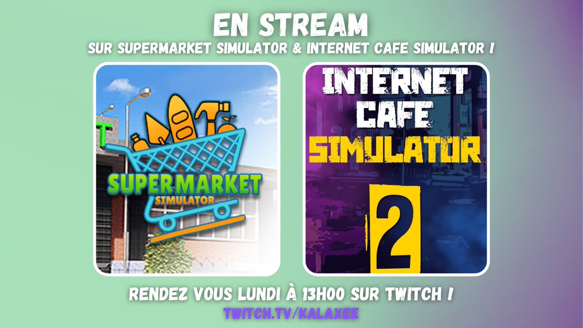 KalaxeeTV's tweet photo. On se retrouve à 13h00 ! 💜
On va continuer #SupermarketSimulator ! ✨
Et on va également continuer #InternetCafeSimulator 2, le jeu est trop bien MDRRR 😂
Je compte sur vous pour la présence et le lurk !
Ca soutien énormément et ça fait évoluer la chaine ! ❣ https://t.co/WCT1Gw0Mf3