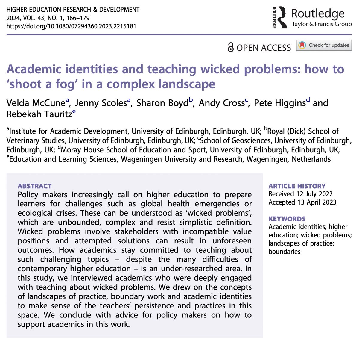 Academic identities and teaching wicked problems: how to ‘shoot a fog’ in a complex landscape

@VelMc, @The_OfficeDog, @SBoydie, @RLTauritz et al

🔓→ doi.org/10.1080/072943…

#HigherEd #AcademicIdentities #WickedProblems #UniversityTeaching #LandscapesOfPractice #BoundaryWork