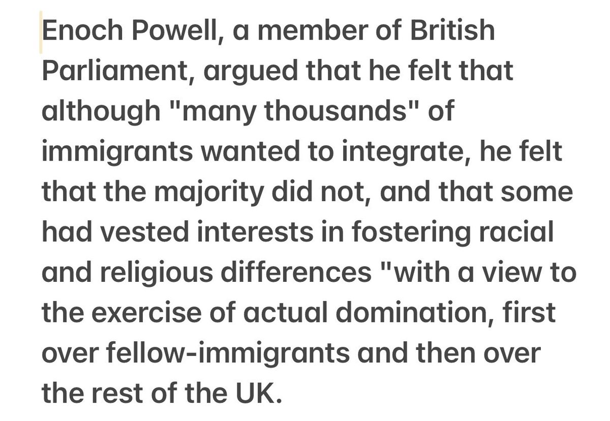 In 1968, Enoch Powell predicted the streets would run red with blood. This was in reference to bringing migrants from third world countries.