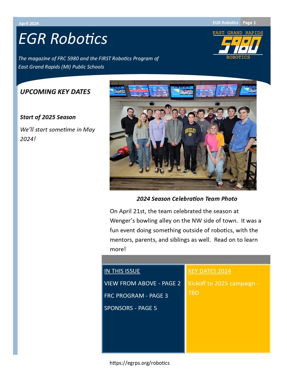 EGRRobotics5980's tweet photo. EGR Robotics is happy to announce the publication of our April newsletter. To read the full version, click on the link in bio. #robotics https://t.co/kSS5RwDqQ2
