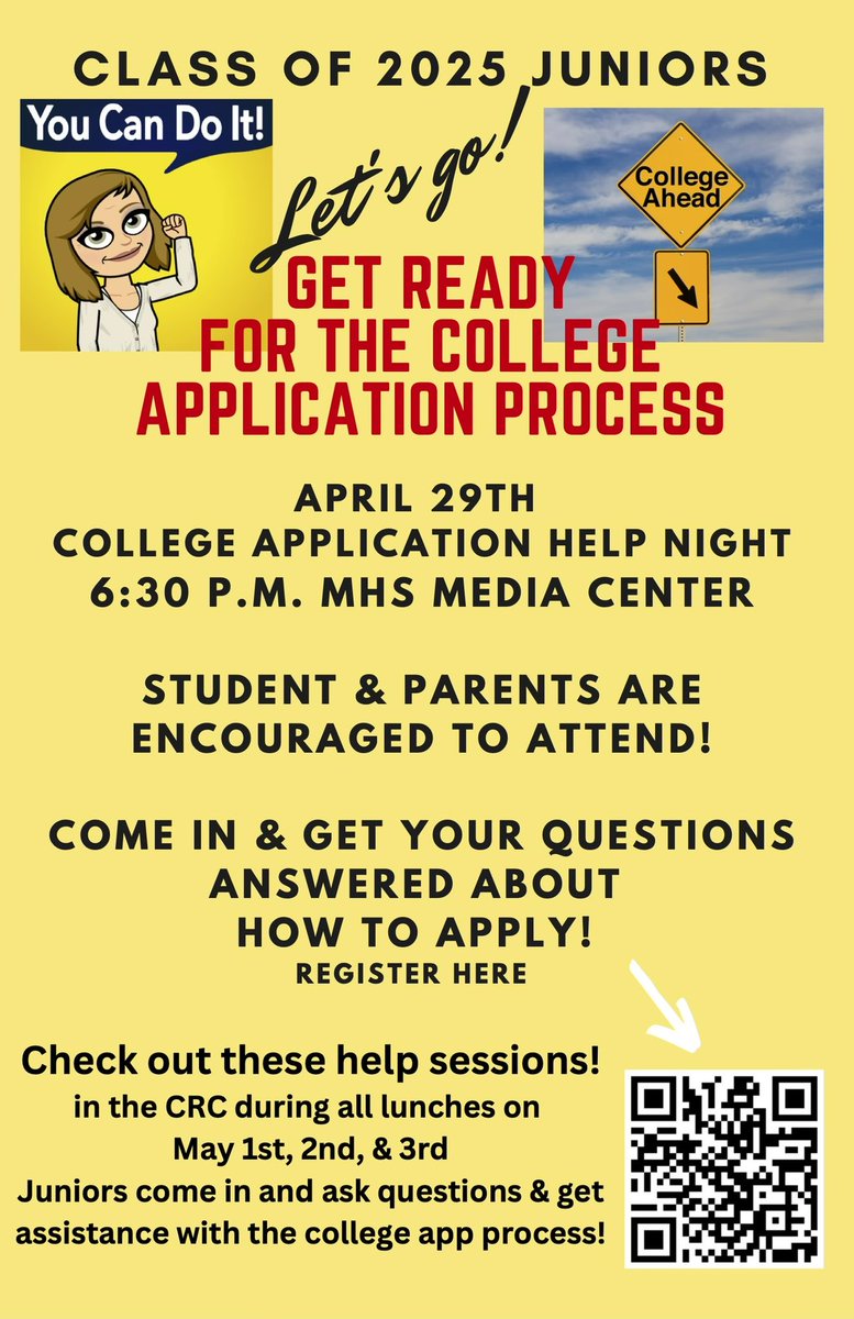 Class of 2025! Get ready for your senior year and the college application process. Join Mrs. Chamberlin on Monday, April 29th at 6:30 p.m. in the Media Center. Please RSVP using the QR code or link provided forms.office.com/r/3wktP1bmqV (forms.office.com/r/3wktP1bmqV)