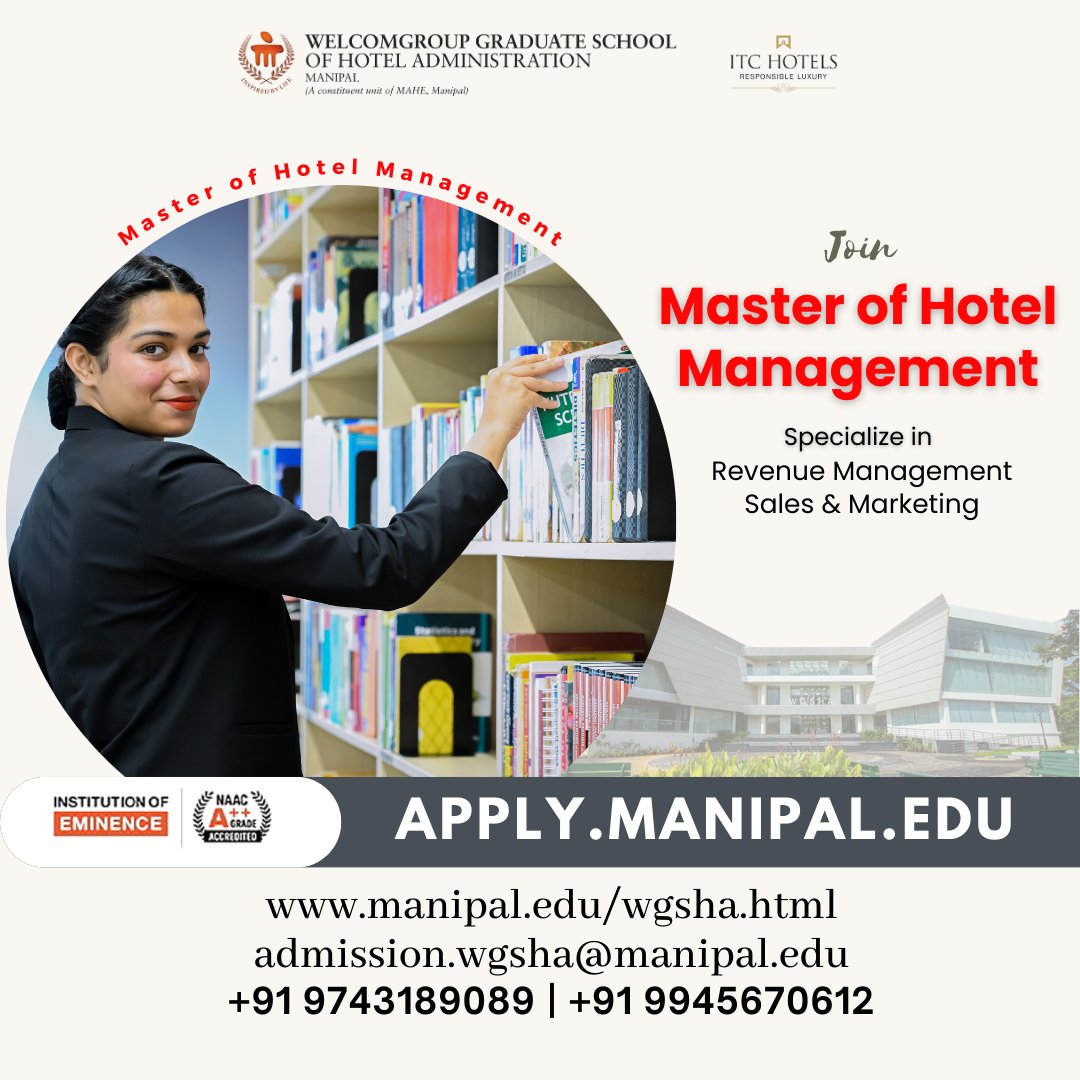 Explore a path towards excellence in hospitality through our Hotel Management program, which specializes in revenue management and sales and marketing. Apply here - manipal.edu/.../master-of-… or manipal.edu/wgsha.html #HospitalityExcellence #RevenueManagement #SalesAndMarketing