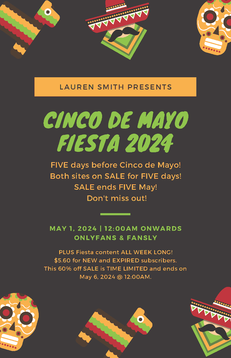 It's Fiesta in Texas🪇. We're counting down to Cinco de Mayo! For the next FIVE days, my Fansly and VIP OnlyFans are ON SALE. Thousands of pictures and hundreds of full-length movies await you after subscribing. No PPV! Act Now! Links in bio!