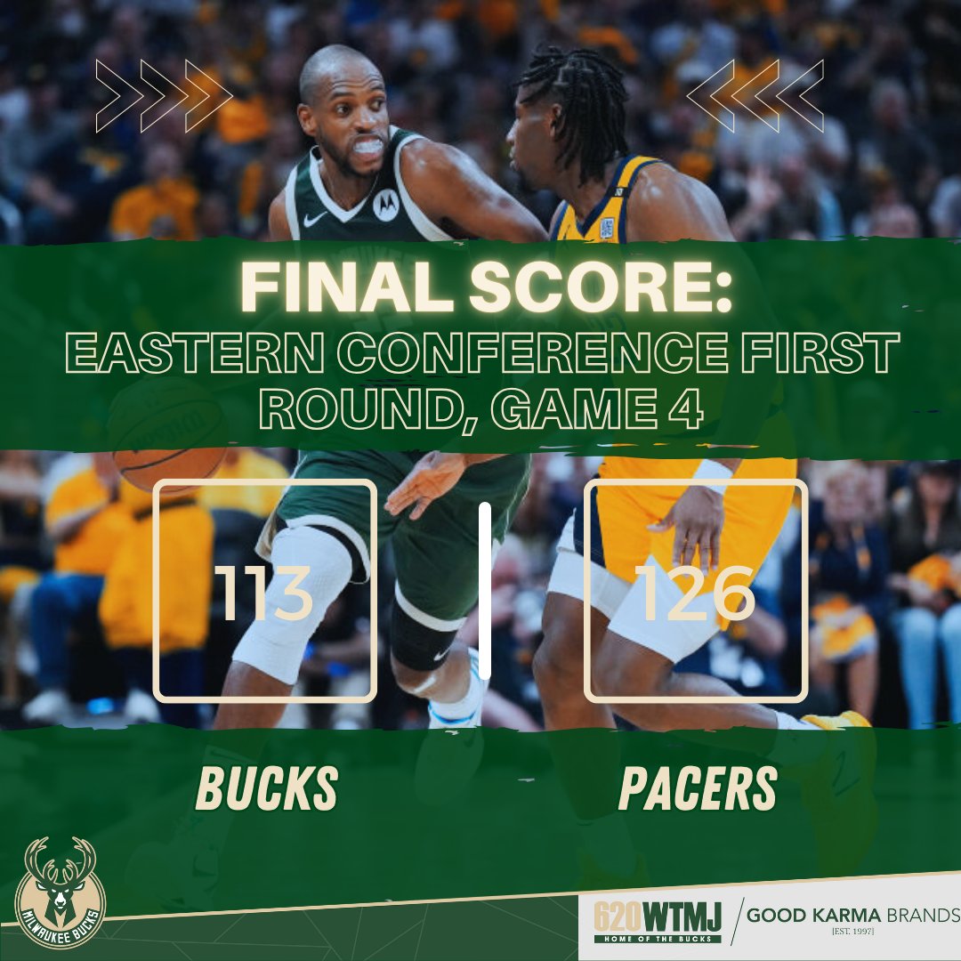 Bucks fall to the Pacers tonight in Game 4 113 to 126 with one chance left to win in Milwaukee.