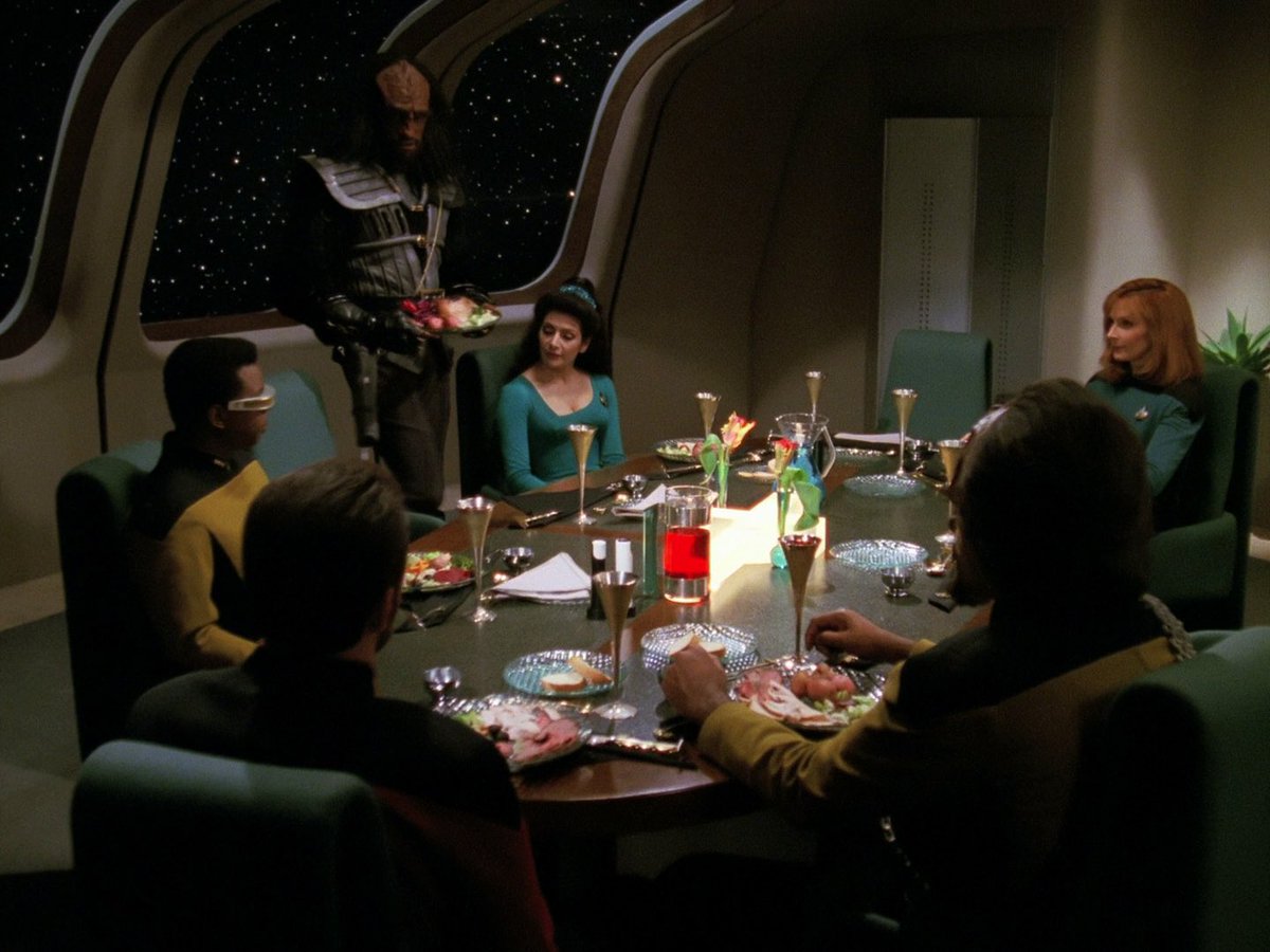 This isn’t the observation lounge - the table and chairs are different - and so I wonder if it’s the captain’s dining room? We don’t see this configuration again I don’t believe. (From “Sins of the Father.”) #StarTrek