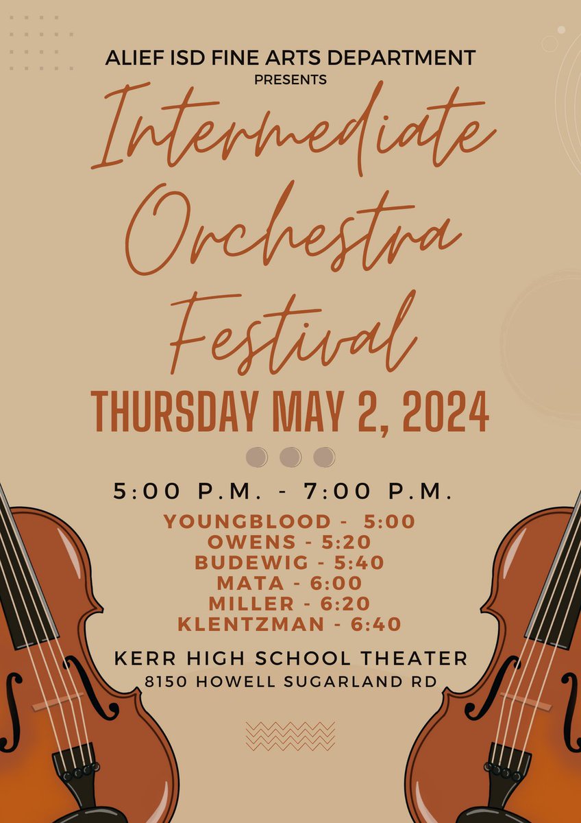 The Alief Intermediate Orchestra Festival is this Thursday, May 2. You don't want to miss our amazing 6th grade orchestras! @AliefISD