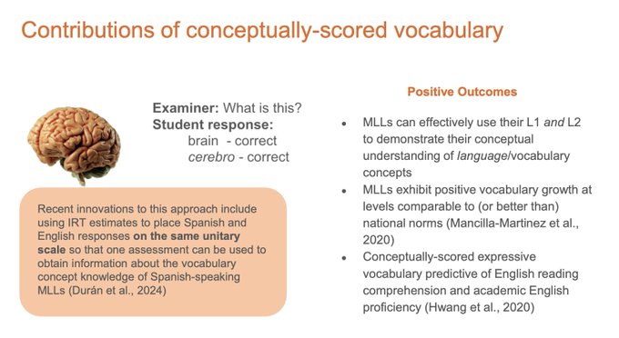#TRLSummit2024 Takeaway 5 -  What should be assessed in each language based on language exposure/language of instruction AND what is the impact of NOT using conceptually-scored assessment by #DaniBasaraba Response could be “table” or “mesa” and the assessment reveals students are