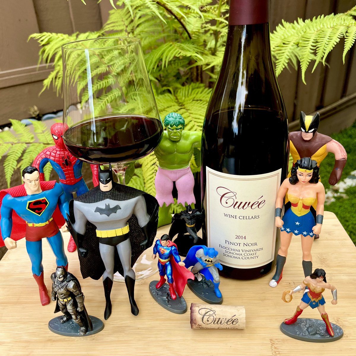 On #SuperheroDay, the gangs all here with a Cuvée Wine cellars pinot noir from @PetalumaGap. This one is still drinking well with a nose of black cherry, fresh cut roses and orange peel with flavors of ripe strawberry, mocha and cinnamon. Who is your favorite Superhero? @jflorez