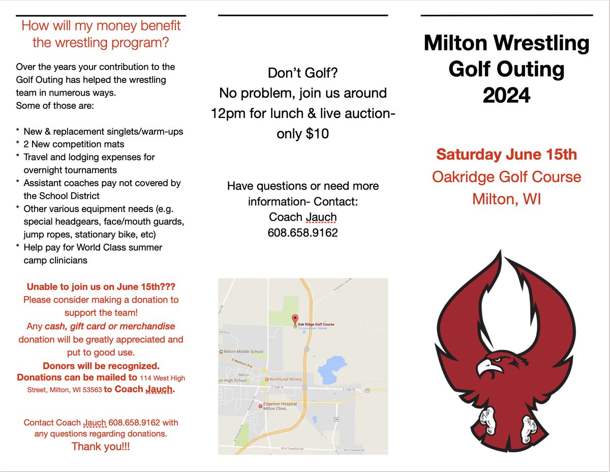 pattyjauch's tweet photo. Milton Wrestling Golf Outing June 15, Oak Ridge Golf Course!!!  We need foursomes, hole sponsors, and donated auction items!!!  PLEASE help us make this fundraiser a success!!! https://t.co/Ofe0f9j7Ps