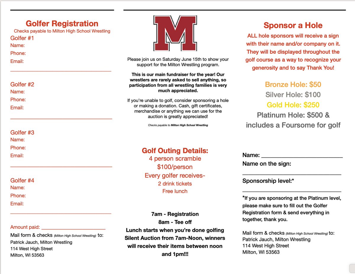 pattyjauch's tweet photo. Milton Wrestling Golf Outing June 15, Oak Ridge Golf Course!!!  We need foursomes, hole sponsors, and donated auction items!!!  PLEASE help us make this fundraiser a success!!! https://t.co/Ofe0f9j7Ps
