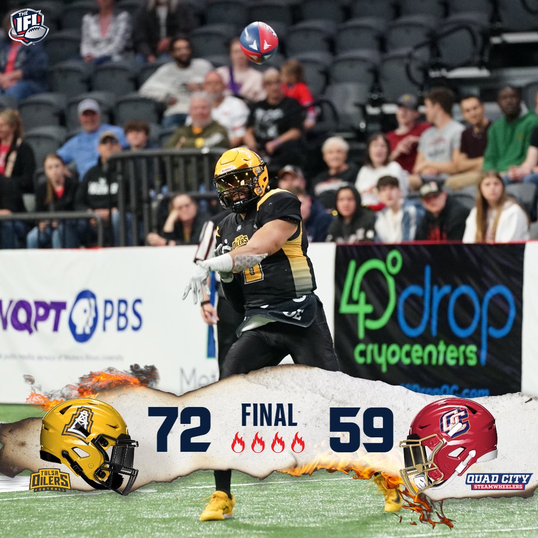 The <a href="/tulsa_oilers_fb/">Tulsa Oilers Football</a> move to (3-2) as they take down <a href="/QCSteam/">Quad City Steamwheelers</a> (2-3)
#TheIndoorWar #FiredUpIFL