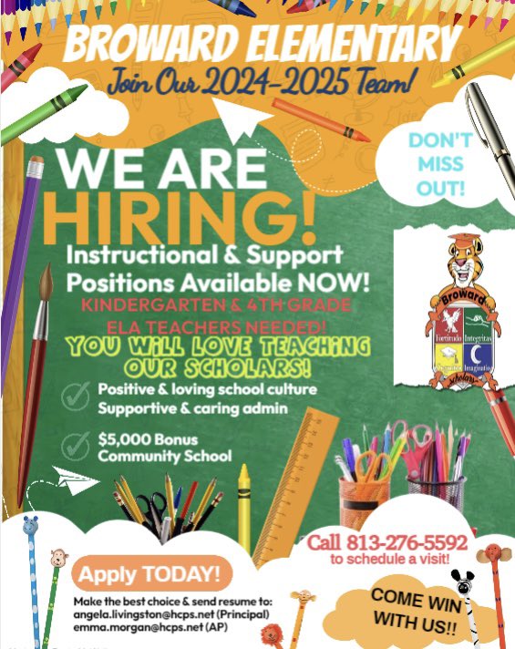 Broward Elementary (@browardelem) on Twitter photo SPREAD THE WORD- WE ONLY NEED A KINDERGARTEN & 4TH GRADE ELA TEACHER‼️
Transfer period ends on Monday, 4/29/24!
Join our school team TODAY‼️
New year, new school, new WINS🔥
THE BEST DECISION YOU CAN MAKE🏆 <a href="/TransformHCPS/">HCPS Transformation Network</a> <a href="/Community_Sch/">Community Schools in Hillsborough Schools</a> <a href="/PrincipalLivi/">Angela Livingston</a> <a href="/Emma_Morgan94/">Emma Morgan</a> <a href="/Mrsjp7/">MrsJP</a> SPREAD THE WORD- WE ONLY NEED A KINDERGARTEN & 4TH GRADE ELA TEACHER‼️
Transfer period ends on Monday, 4/29/24!
Join our school team TODAY‼️
New year, new school, new WINS🔥
THE BEST DECISION YOU CAN MAKE🏆 <a href="/TransformHCPS/">HCPS Transformation Network</a> <a href="/Community_Sch/">Community Schools in Hillsborough Schools</a> <a href="/PrincipalLivi/">Angela Livingston</a> <a href="/Emma_Morgan94/">Emma Morgan</a> <a href="/Mrsjp7/">MrsJP</a>