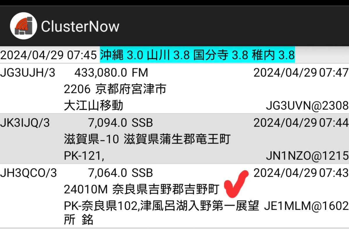 トイレに起きたら、いつもの癖で #アマチュア無線 の無線機のスイッチオン。 #7MHz帯 で #奈良県吉野郡吉野町 が聞こえました。 #クラスター にも載ってて結構なパイルの中、マル秘技で一発コールバック。144MHz帯や430MHz帯では雑魚だけど、7MHzでは初吉野郡。今日も7MHz帯の一日一新市郡交信完了。