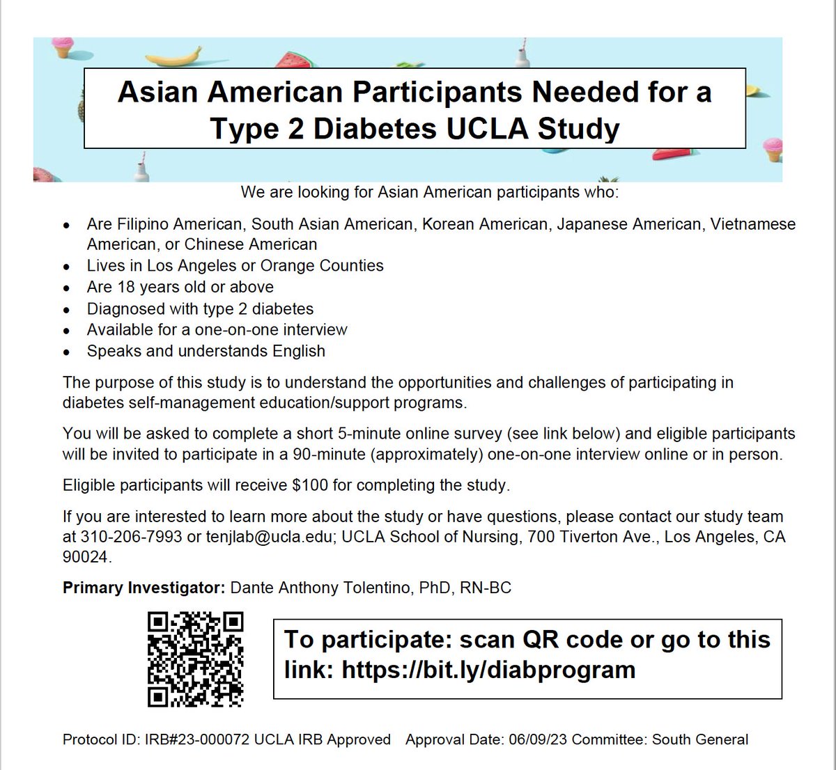 #Research: FYLPRO 2023 delegate Paolo Roca is working with UCLA School of Nursing on study to understand opportunities/challenges of participating in diabetes self-management ed. Requirements below uclahs.az1.qualtrics.com/jfe/form/SV_2b… [or scan QR code below] to participate.