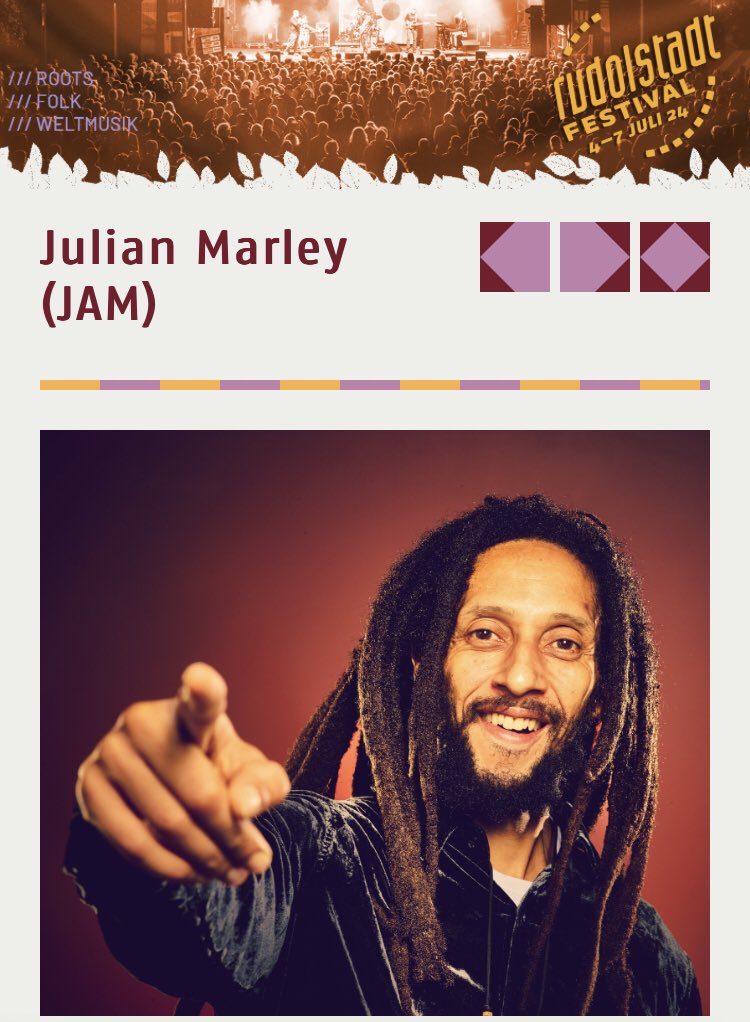 Das diesjährige Rudolstadt Festival startet an dem Donnerstag mit einem Konzert mit Julian Marley aus Jamaika 🇯🇲 und mit feinstem Reggae. 

Da weiß ich doch, was da abgeht nach der Canabis-Legalisierung. 

#rudolstadtfestival #TFF2024