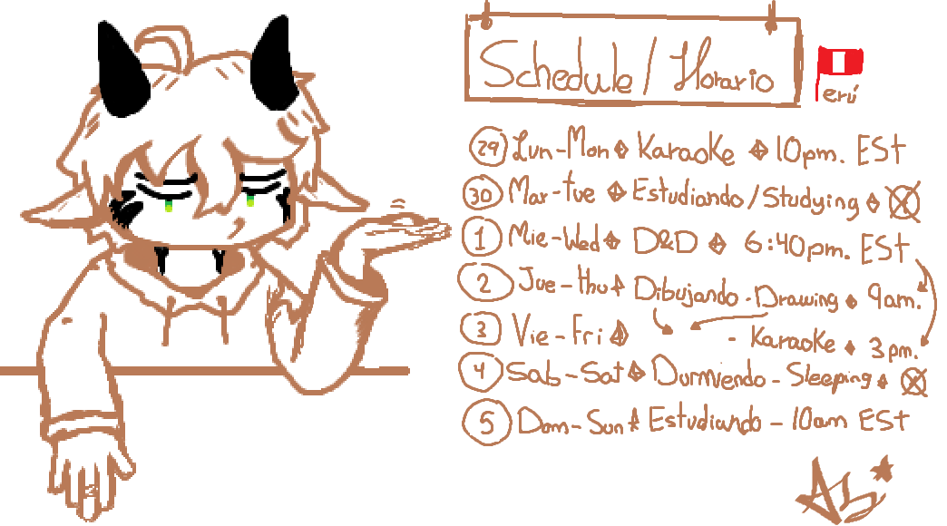 AzterothMG's tweet photo. 🍫🪶Horario Semanal🪶☕️#Aschedule
🔸 29.04 - 05.05🔸
Bueno, ahora van a ser guerrillas que otras cosas, ahí les veo.
⊹ #Vtuber ⊹ #VTuberUprising ⊹ #VtubersPeru https://t.co/Zq13L3F3EQ