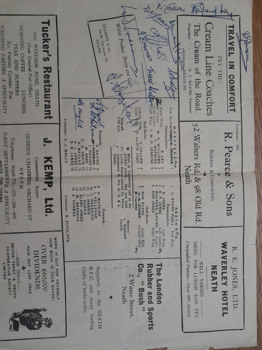 74 years ago today, Maesteg RFC complete  a season without losing a game,the last game was against Neath at the Gnoll,the game finished 6Pts each,here is an autographed programme from the game and an invincible  XV blazer badge .
