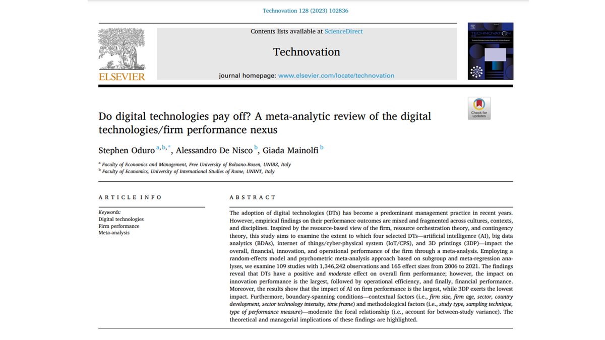 Do digital technologies pay off? How do digital technologies affect firm performance? 🧐
New study in @Technovation_J!!! 👏

Read the full article👇
doi.org/10.1016/j.tech…

#DigitalTechnologies #FirmPerformance #MetaAnalysis